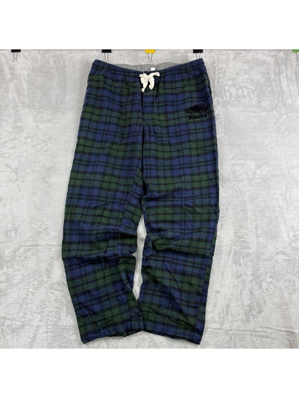 Roots Blackwatch Plaid Pajama Lounge Pants Men L Blue Green Flannel Home Casual